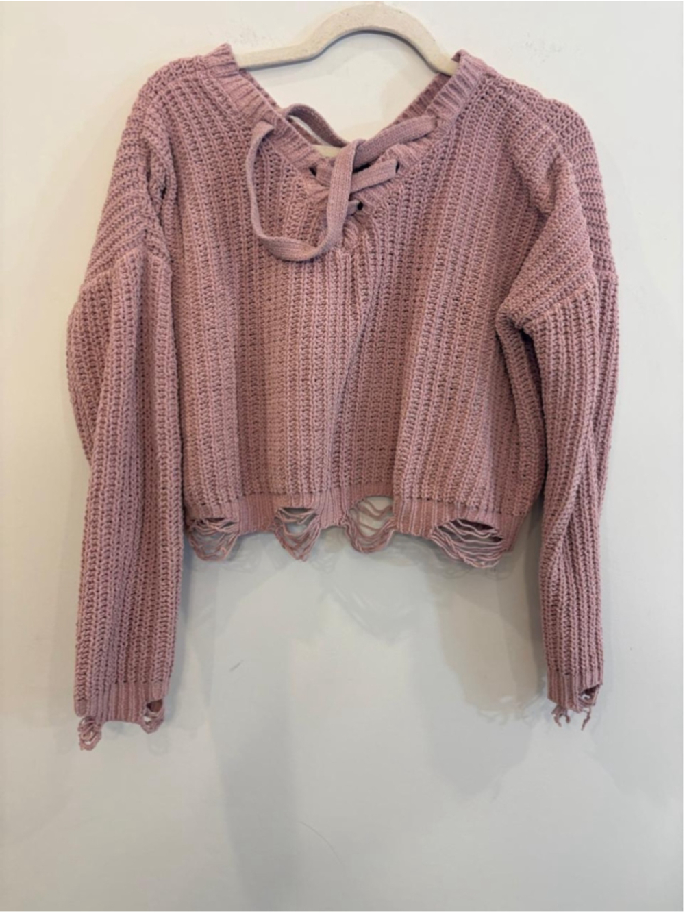 Hazel Mae Pink Distressed Cropped Sweater Lace Up Back Frayed Knit Size M #n75